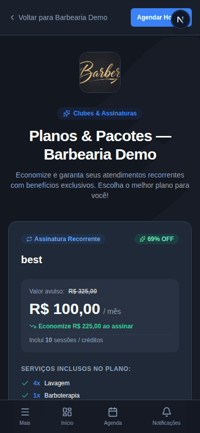 Clubes e pacotes da Barbearia Demo no celular